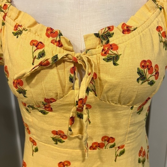 UO honey yellow with cherries print milkmaid mini dress with ruffles - Picture 2 of 14